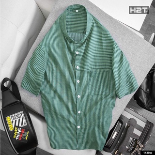 Áo Sơ Mi Nam H2T Thiết Kế Cổ Trụ, Họa Tiết Sọc Tăm, Form Relaxed Fit Vải Cotton Poly Siêu Nhẹ Thoải Mái 1430