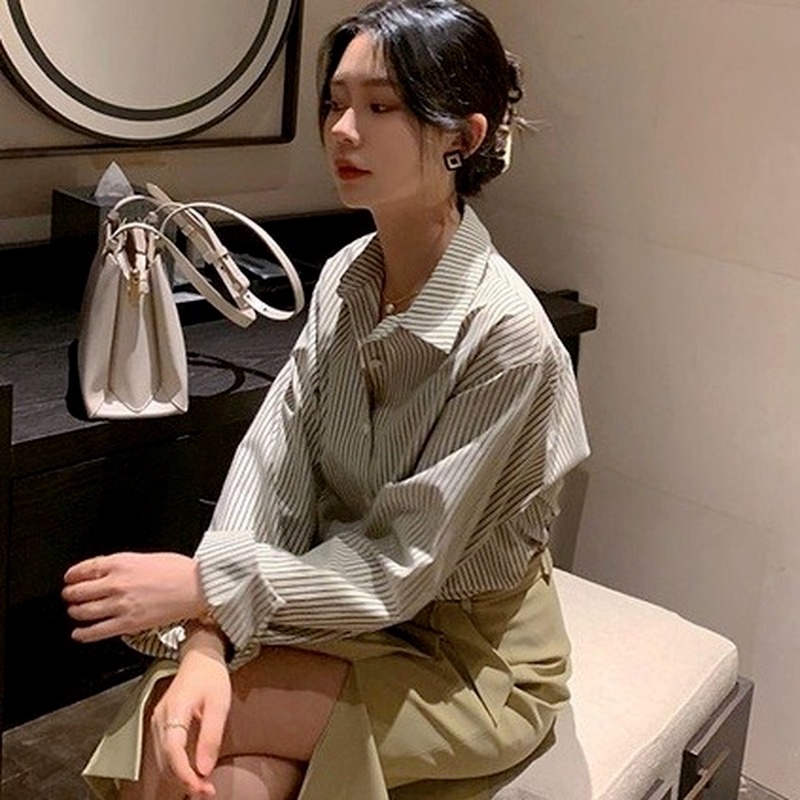 Áo sơ mi tay dài form rộng họa tiết kẻ sọc thời trang mùa thu phong cách Hàn Quốc trẻ trung cho nữ 21809