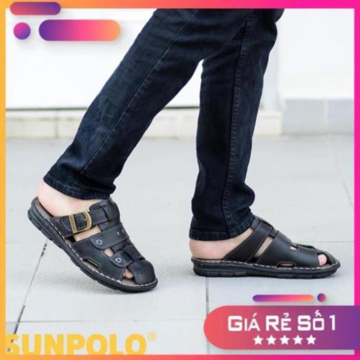 [Sale 3/3] Dép Rọ Nam Da Bò Cao Cấp SUNPOLO Nâu Đen - SUA20ND Sale 11 -op1 " _ ?