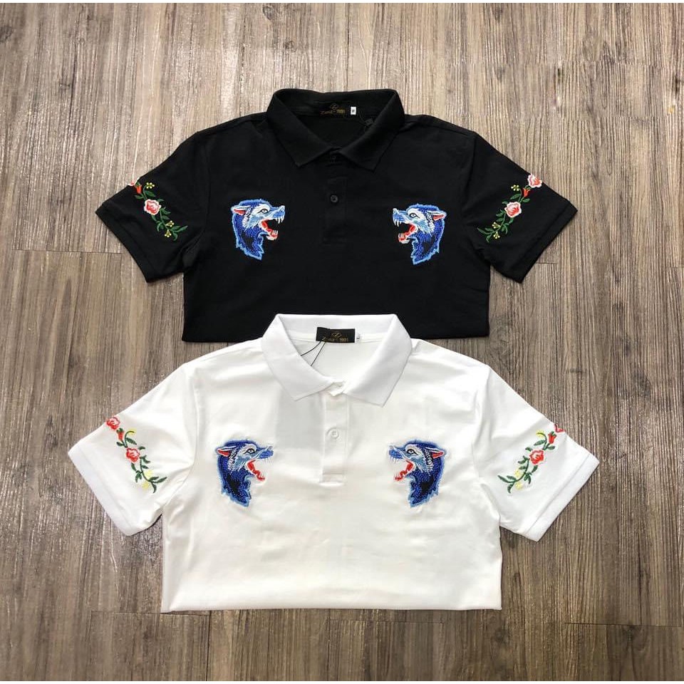 Áo thun nam ngắn tay cổ bẻ thêu sói nổi mạnh mẽ vải cotton xịn xuất khẩu