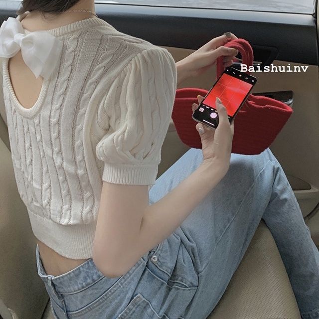 COZOK Áo Thun Dệt Kim Tay Ngắn Thắt Nơ Xinh Xắn Hợp Thời Trang