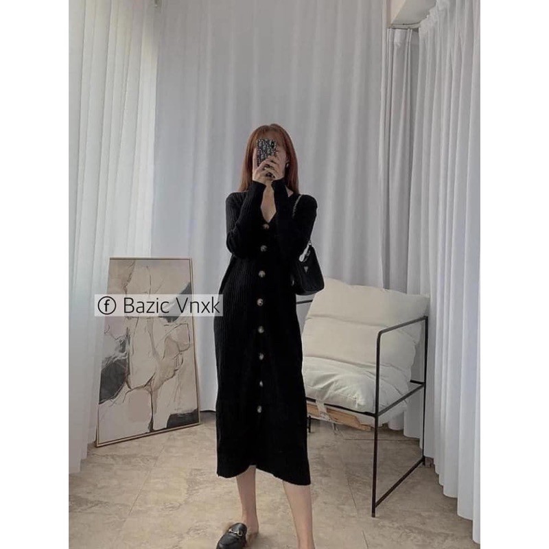 Váy len dáng suông dài tay nữ❤️Đầm len đũa dáng suông phối cúc vân đá bassic❤️[free ship]