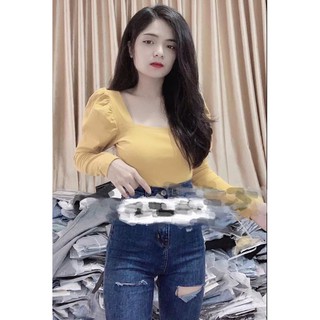 Áo thun bozip cổ vuông tay dài phồng