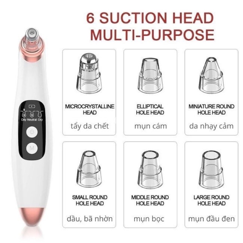 Máy hút mụn, máy hút mụn đầu đen, cám bọc cầm tay mini sạc pin cao cấp Blackhead 3 chế độ 6 đầu hút