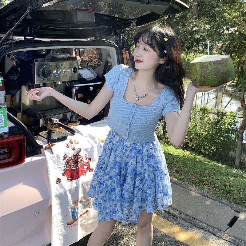 Áo dệt kim COZOKC ngắn tay cổ vuông phong cách cổ điển