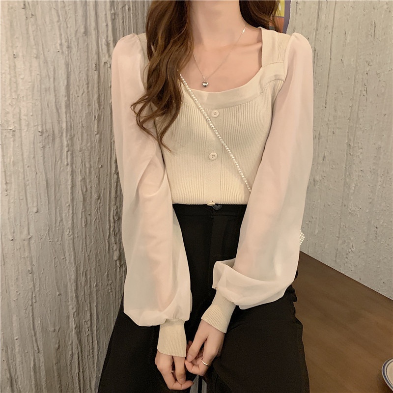 Áo chiffon ZHELIHANGFEI cổ vuông tay phồng thời trang sành điệu dành cho nữ