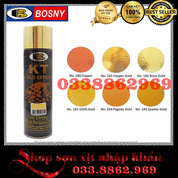 combo sơn mạ vàng nhũ kim tuyến cao cấp No.183 100% Gold  Kt gold Bosny, sơn ô tô, xe máy, trang trí, dung tích 200ml