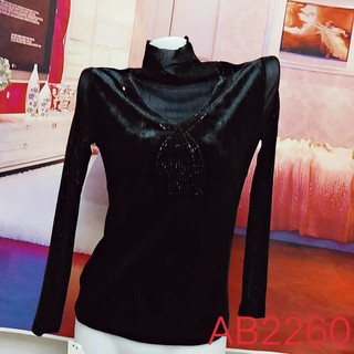 (AB2260 ĐEN) Áo thun nữ vải nhung cổ cao phối họa tiết nơ đá tay phối lưới phun kim sa siêu chảnh