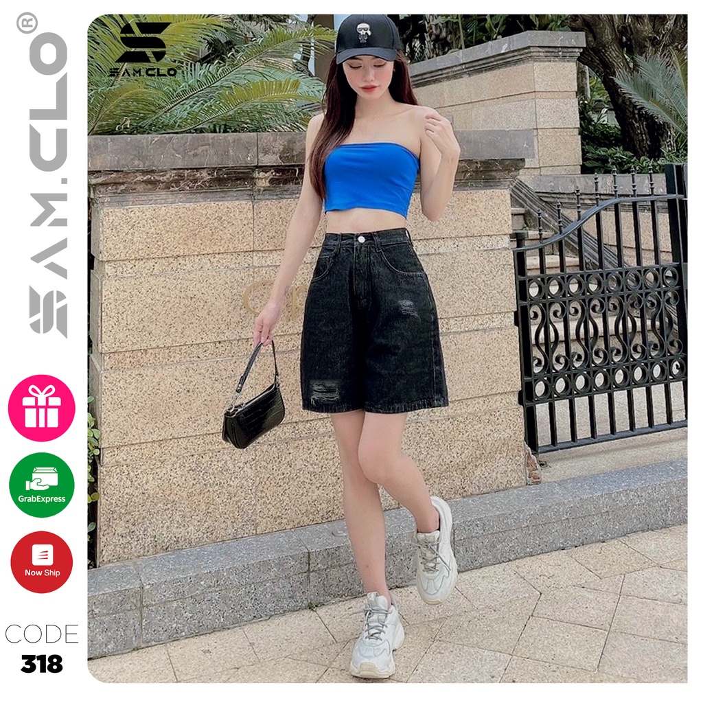 Quần bò đùi denim short Jeans nữ SAM CLO dáng suông ulzzang ống rộng lưng ôm cạp cao màu trơn CODE 318