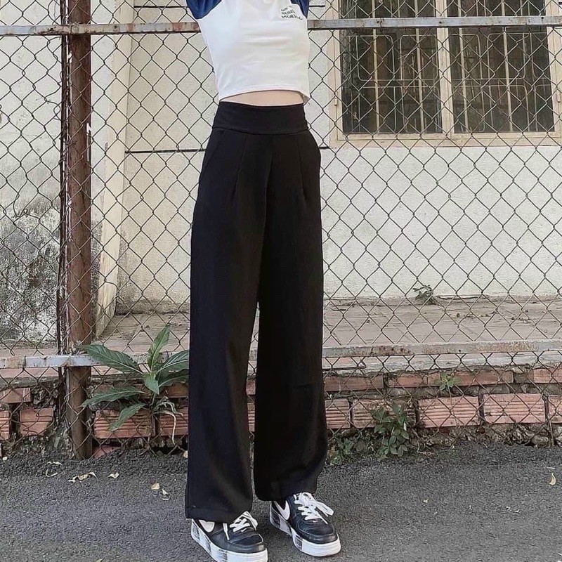 Quần suông culottes ống rộng đen dài nữ