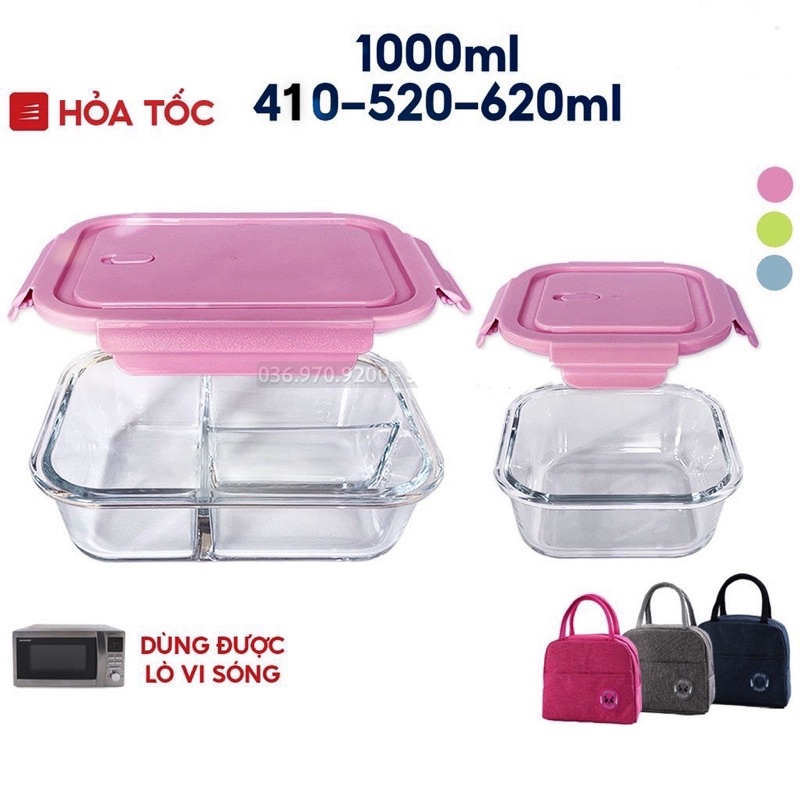 (HCM) Hộp Cơm Thuỷ Tinh Red Cherry Nhiều Size - Dùng Được Cho Lò Vi Sóng - Tự Ghép Túi Giữ Nhiệt, Bộ Muỗng Đũa Nia
