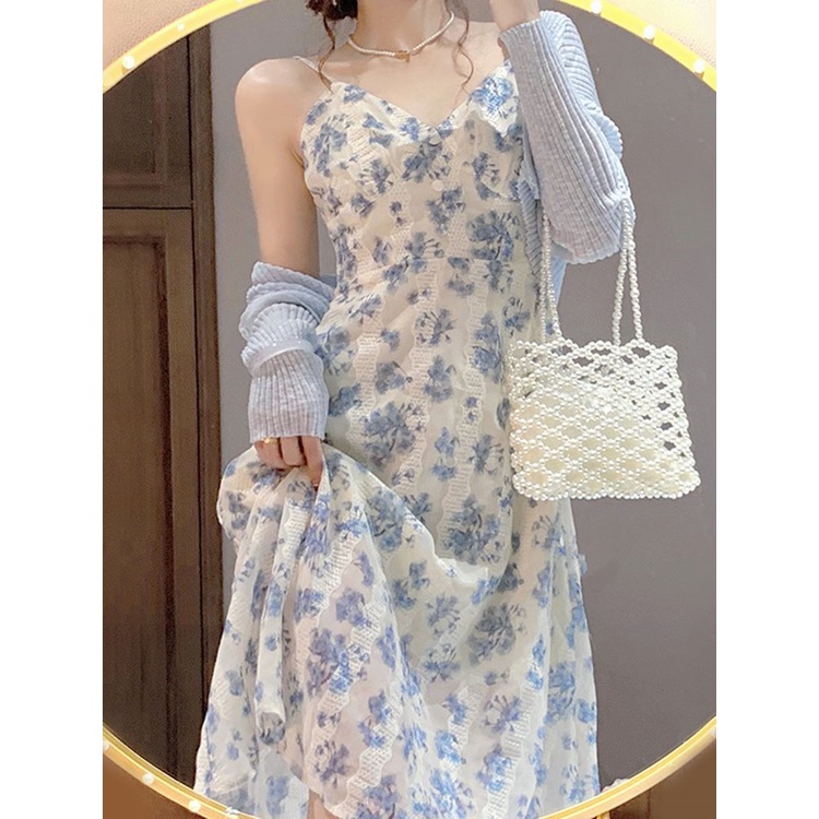 Váy Hai Dây Họa Tiết Kèm Áo Khoác Cardigan Mỏng phong cách Hàn Quốc Mặc Đi Chơi Đi Biển Đều Đẹp