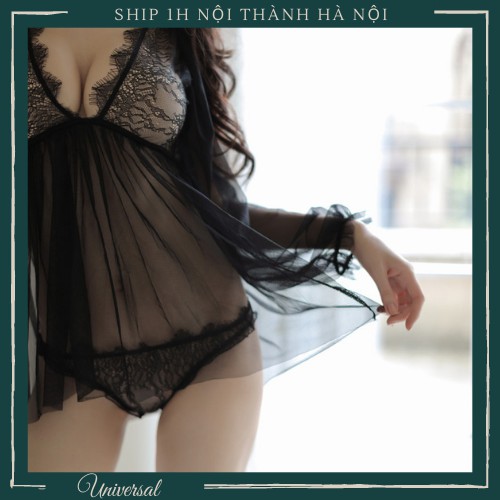 Váy Ngủ Dài Tay Xuyên Thấu Quyến Rũ - Đầm Ngủ Siêu Mỏng Trong Suốt Kèm Quần Lót Dây Lọt Khe UNIVERSALXXX - DNS40