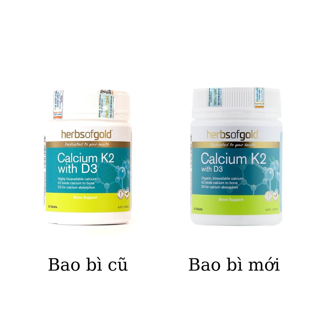 Viên Uống Bổ Sung Canxi Herbs Of Gold Calcium K2 with D3 Giúp Xương Chắc Khoẻ, Giảm Nguy Cơ Loãng Xương