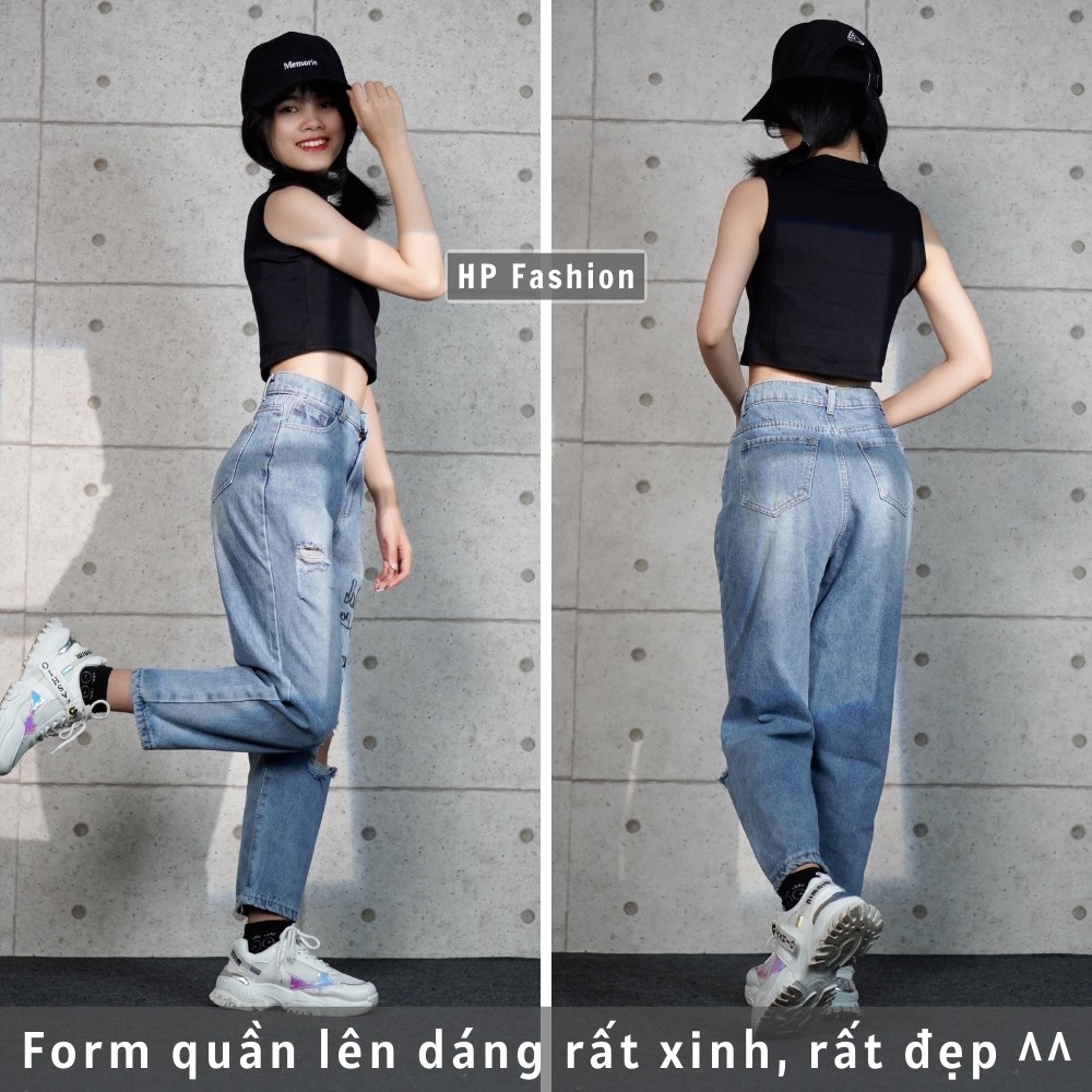 Quần baggy nữ ❤️ Quần jean cạp lưng cao in chữ rách gối cá tính, chất bò dày dặn - QJ30