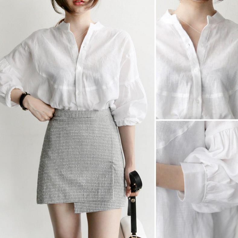 Áo Sơ Mi Lanh Nữ Hàn Quốc Cổ Trụ Chữ V Form Rộng Đi Làm Đi Chơi Thoải Mái ulzzang JD18 ྇