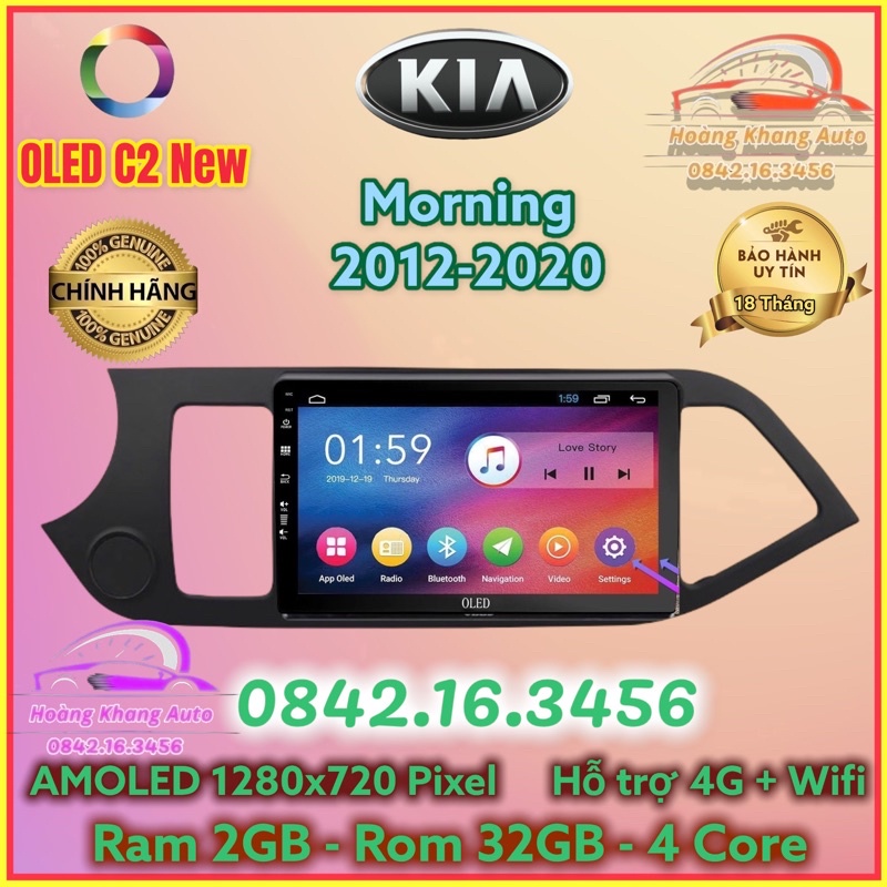 Màn hình Android OLED C2 New Theo Xe KIA MORNING 2012 - 2020, 9 inch kèm dưỡng và jack nguồn zin