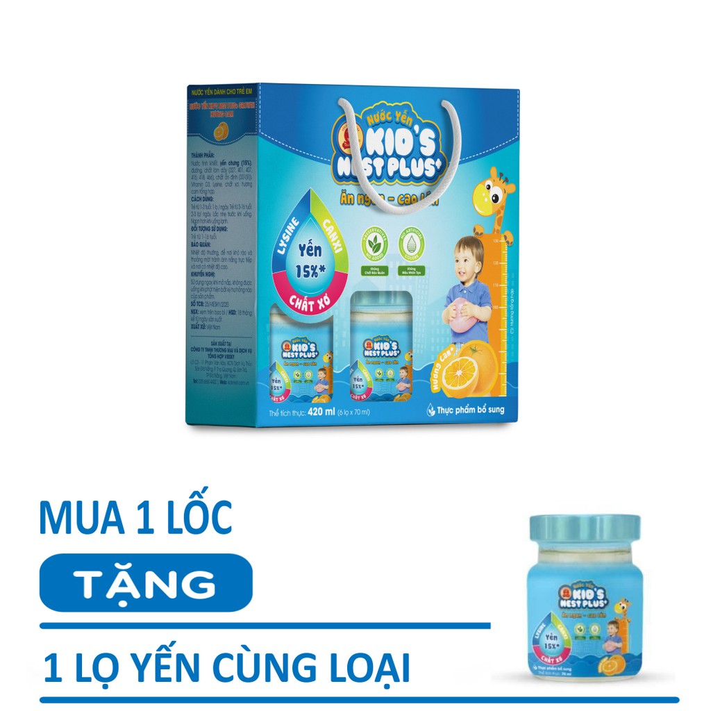 Combo Nước Yến Trẻ Em Kidsnest Plus+ Hương Dâu/ Cam/ Vani (Lốc 6 lọ x 70ml) + Quà tặng