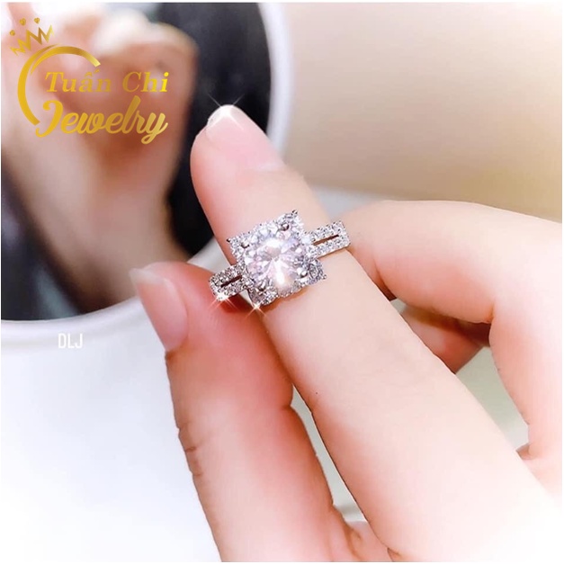 Nhẫn Nữ Đính Đá Mặt Vuộng Sang Trọng, Bạc Cao Cấp Sáng Bóng Kèm Bảo Hành