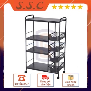 Kệ để đồ đa năng nhà bếp 3 4 tầng kép có bánh xe, kệ vi sóng gia vị nồi chiên không dầu thông minh đa năng