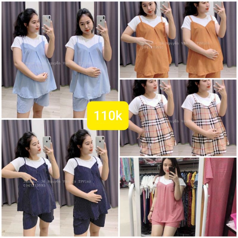 Bộ yếm đùi bầu chất lụa siêu nhẹ siêu mát freesize 40-70kg quần có chin chỉnh bụng