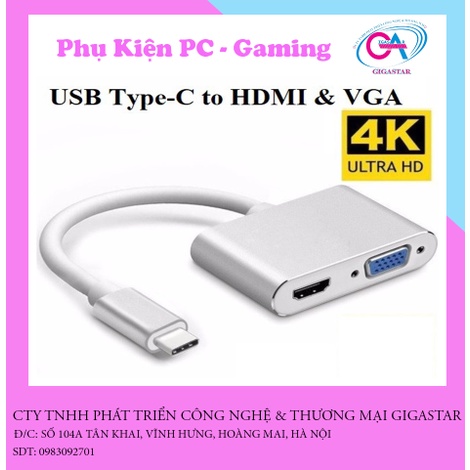 Cáp chuyển đổi type c 3.1 Sang VGA + HDMI Support 4Kx2K Adapter 2 in 1