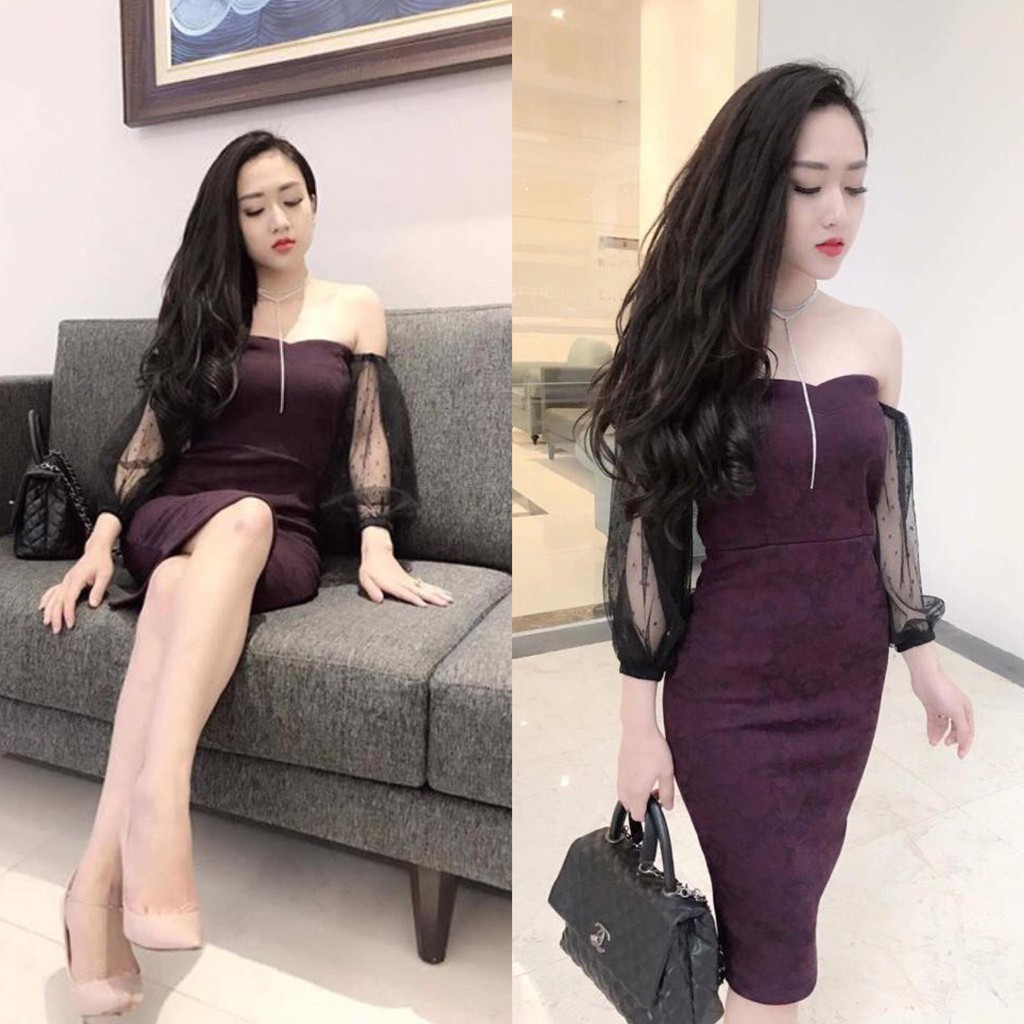 Váy quây ngực tay bồng pha ren (tím mận, tím hồng) váy body sang chảnh Annastore