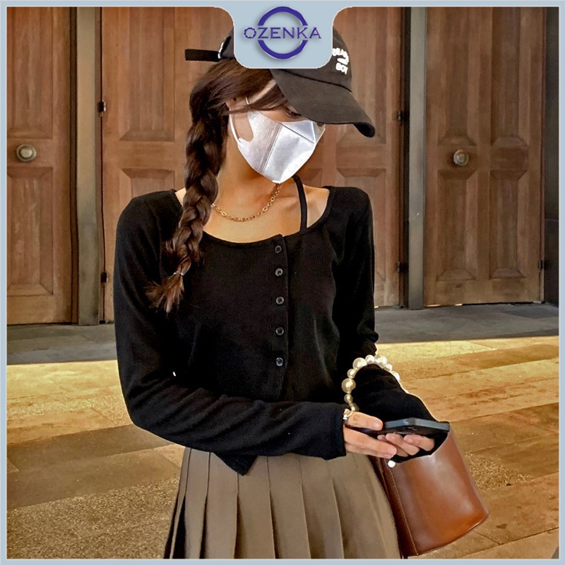 Áo croptop nữ tay dài cài khuy vạt lệch Ozenka , áo crt kiểu Hàn Quốc điệu đà sang chảnh màu đen trắng dưới 55 kg