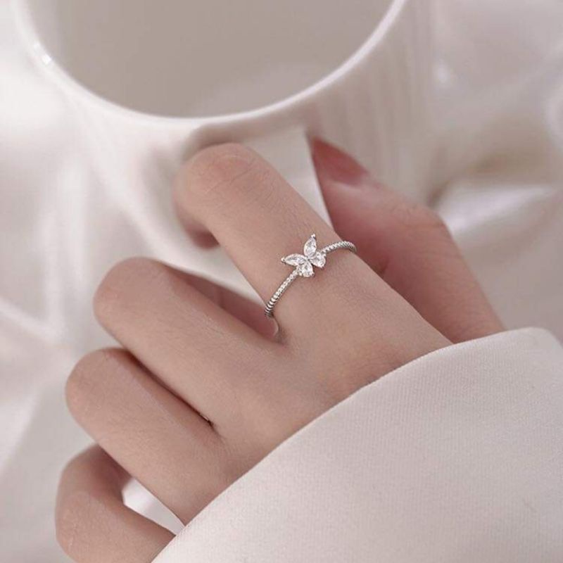 Nhẫn bạc nữ Nhẫn hồ điệp đính đá to tự điều chỉnh size tay