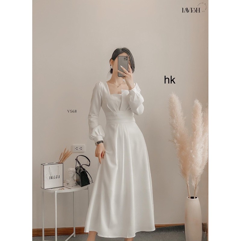 VNU66 - VÁY ĐỎ CỔ VUÔNG XẾP HỞ NGỰC DÀI TAY | BigBuy360 - bigbuy360.vn