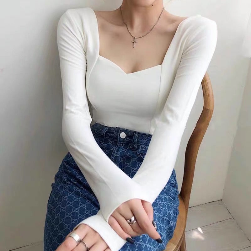 Áo Thun COZOK Tay Dài Cổ Vuông Dáng Ôm Thời Trang Xinh Xắn Dễ Phối Đồ