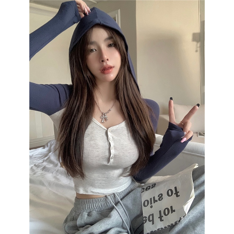Áo Hoodie Tay Dài Ôm Dáng Co Giãn Phối Màu Tương Phản Thời Trang Cho Nữ