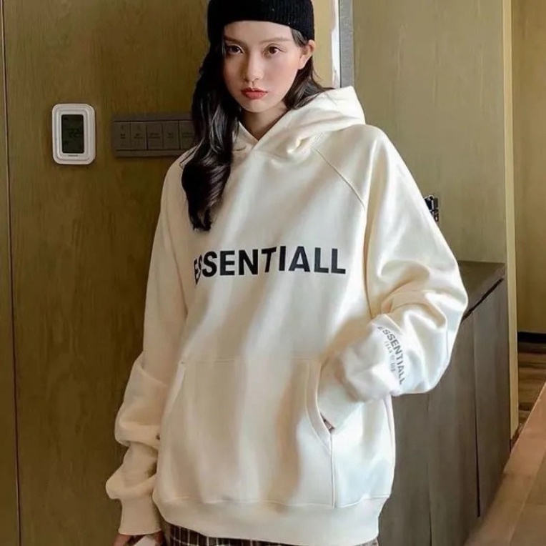 Áo hoodie Unisex chữ ESENTIALS màu đen trắng be xám đậm chất nỉ bông có mũ dài tay phong cách Ulzzang form rộng | BigBuy360 - bigbuy360.vn