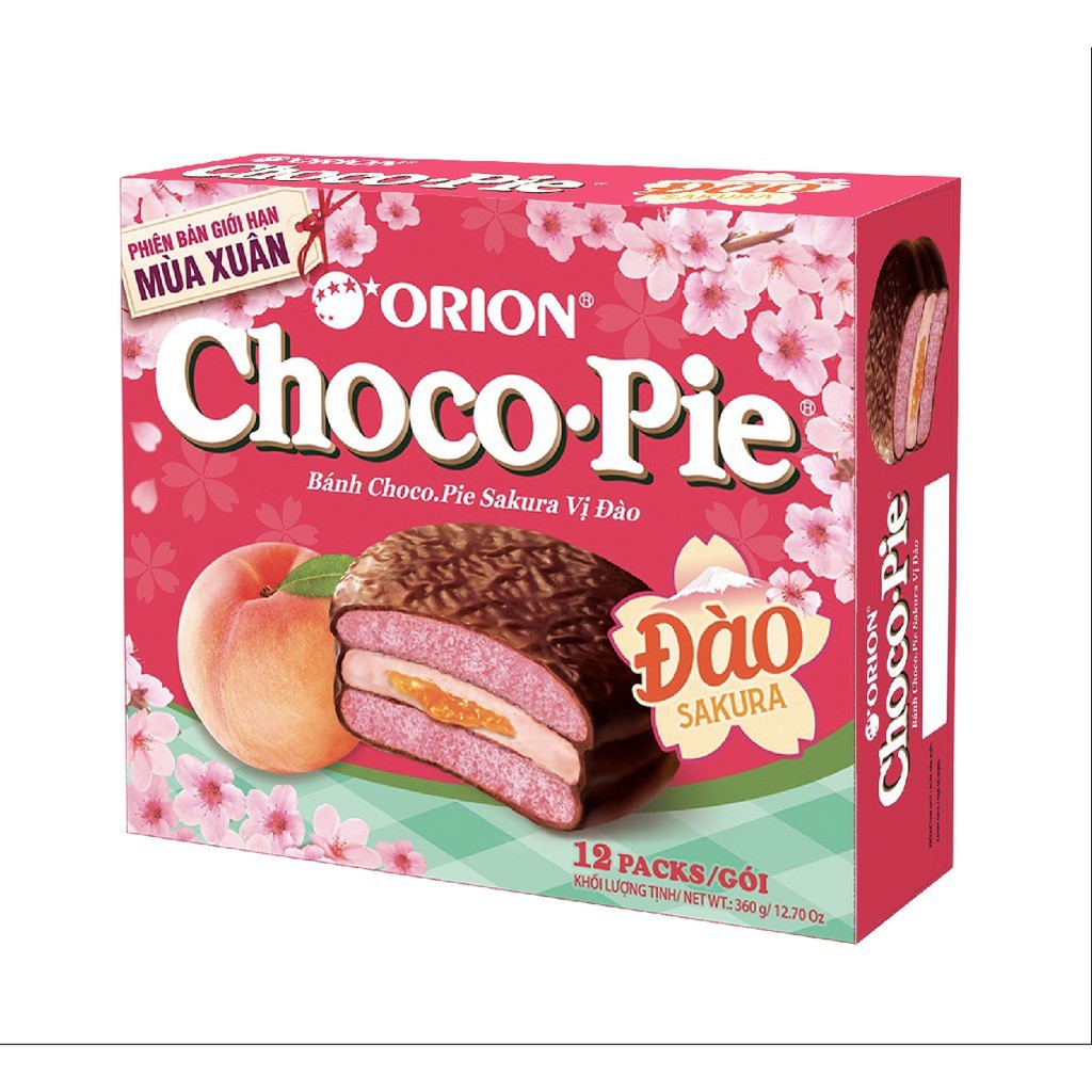 BÁNH CHOCOPIE SAKURA VỊ ĐÀO HỘP 12 CHIẾC/ ORION CHOCO-PIE - Bản giới hạn bánh phủ chocolate sô cô la quà biếu tết ăn vặt