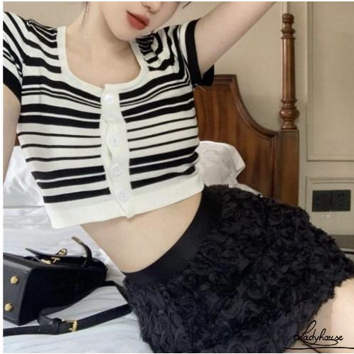 Áo Thun Dệt Kim Ngắn Tay Cổ Vuông Hai Màu Sắc Dành Cho Nữ