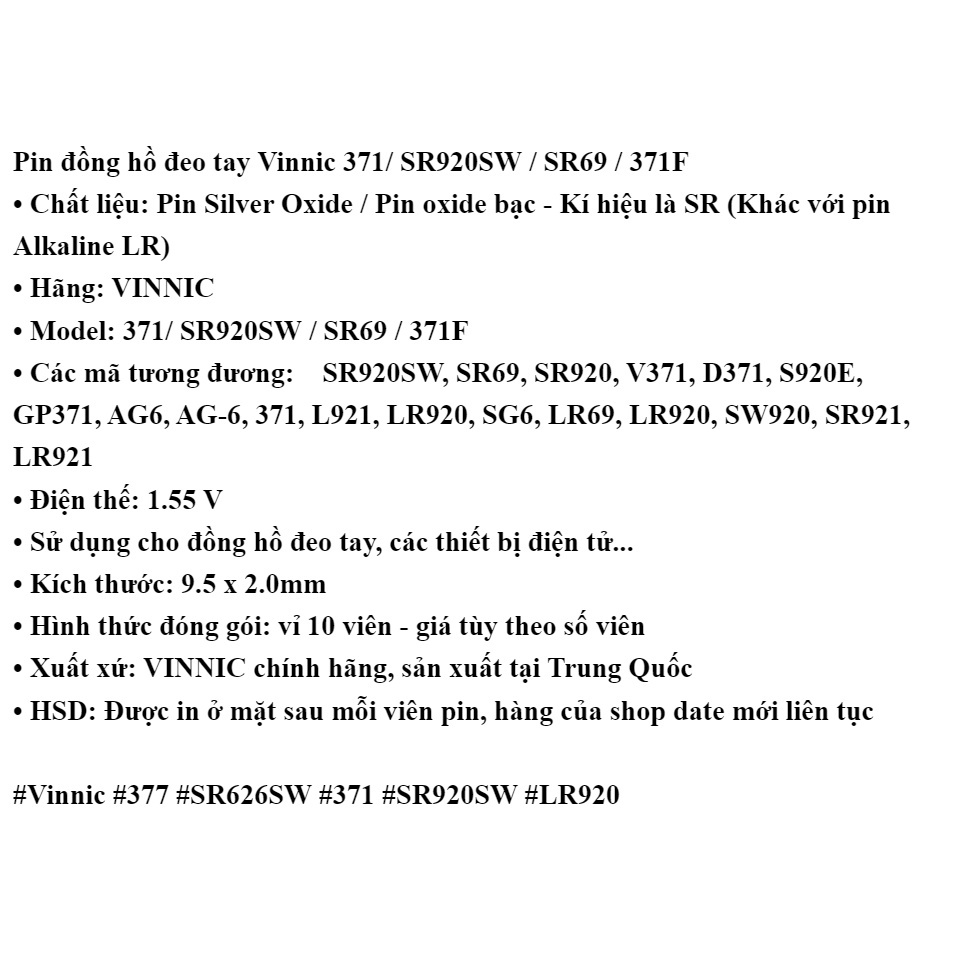 Pin đồng hồ oxit bạc Vinnic 371/ SR920SW / SR69 / 371F (Loại tốt - Giá theo số viên)