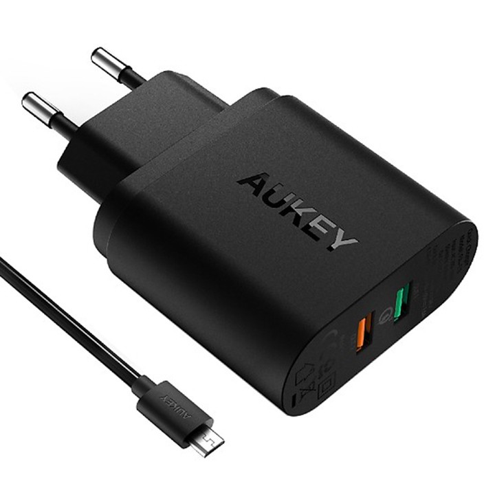 Adapter Sạc 2 Cổng 34.5W Aukey PA-T13 Hỗ Trợ Sạc Nhanh QC 3.0 (Đen) 