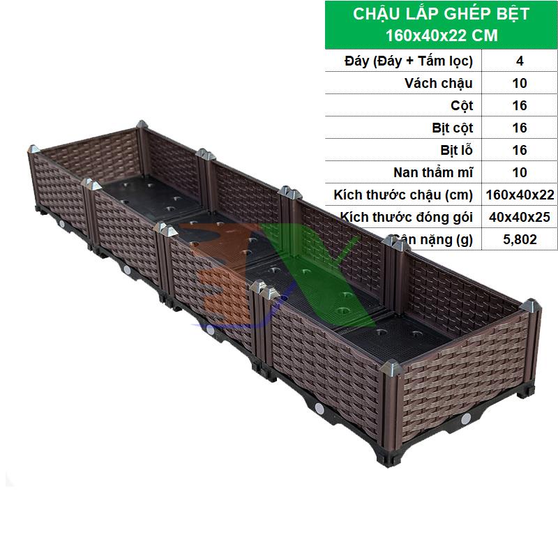 Chậu lắp ghép CLG-40,lắp ráp trồng Rau Hoa thông minh (BỆT Kích thước 160 x 40 x 22 cm)