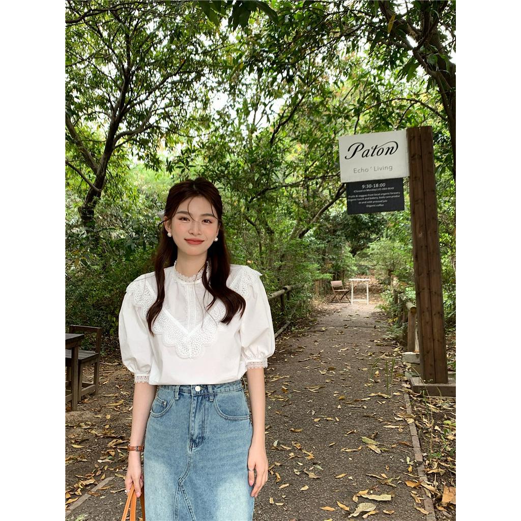 Áo Sơ Mi Trơn Cổ Đứng Ngắn Tay Phối Ren Cỡ Nhỏ Thời Trang Sành Điệu 62321