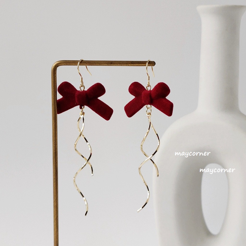 Khuyên tai cao cấp mạ bạc 925 dáng dài nơ xinh xắn