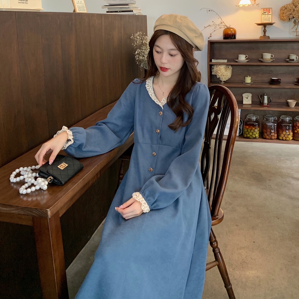 Đầm PERTY vải nhung cổ chữ V dáng rộng phong cách retro thời trang dành cho nữ
