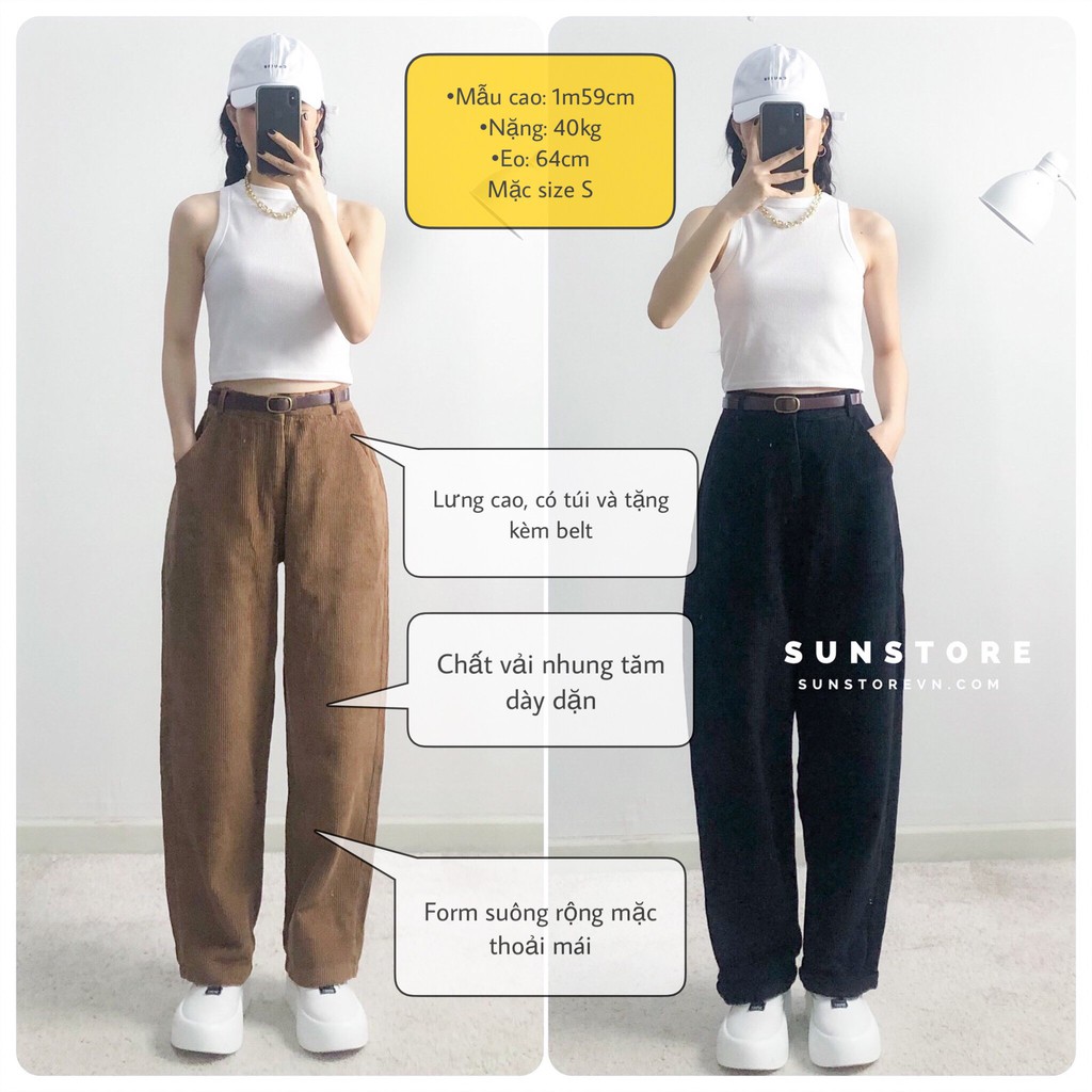 Quần ống suông chất nhung quảng châu đẹp lưng cạp cao tặng kèm belt thu đông 3 màu ulzzang