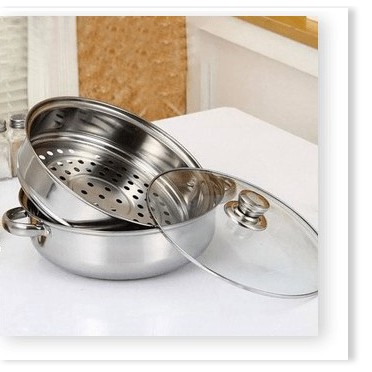 Bộ xửng hấp inox 28cm - nồi hấp đa năng 2 tầng cao cấp nắp kính