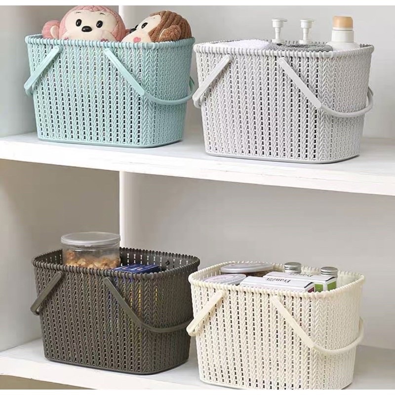 Rổ đựng đồ có quai xách, Giỏ nhựa giả mây đựng đồ phong cách Hàn Quốc