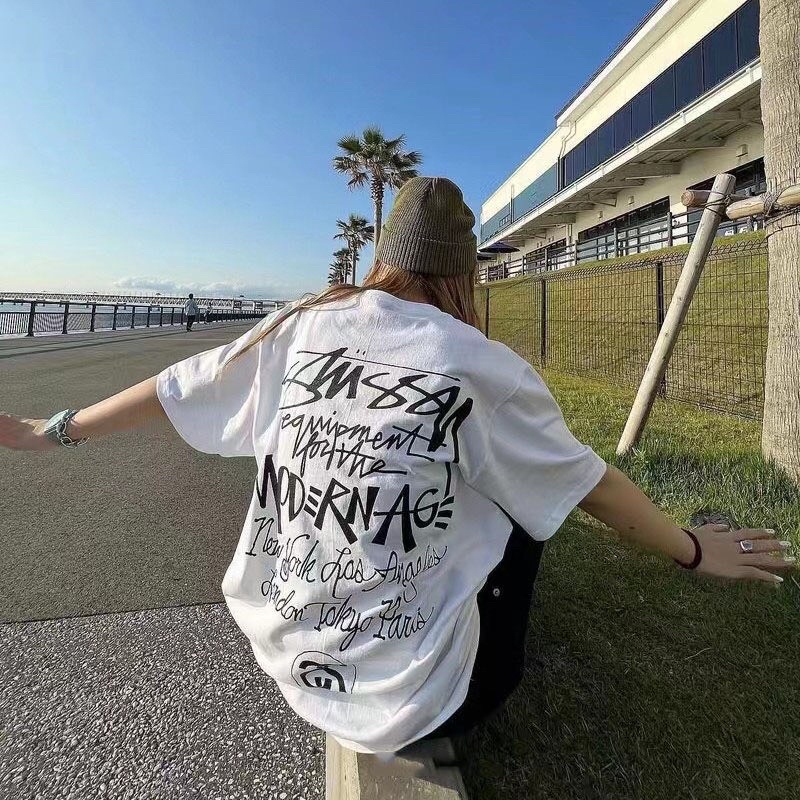 Áo Thun Stussy Bape Tay Lở Oversize Màu Trắng Đen Hoạ Tiết Chữ Sau Lưng Vintage