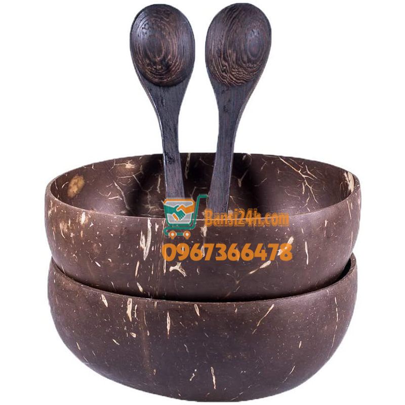 COMBO Bát/Chén Gáo Dừa + Muỗng Gỗ Mun Siêu Hot Dùng Trộn Mỹ Phẩm Thiên Nhiên/Đựng Thực Phẩm, Hoa Quả Dầm