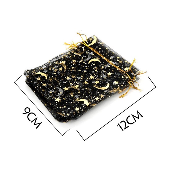 Túi vải voan lưới có dây rút họa tiết trăng sao vàng lấp lánh kích thước 9x12 - mouse love rice