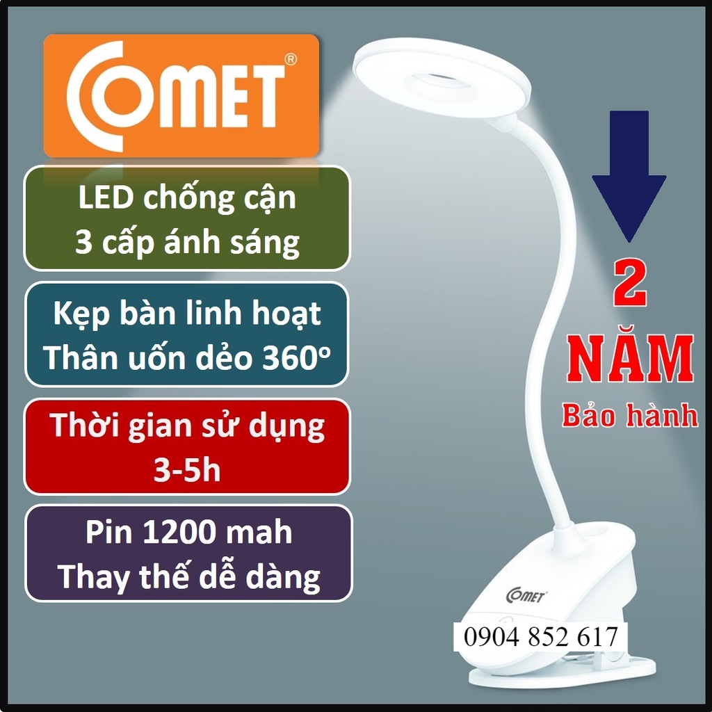 Đèn học kẹp bàn đọc sách Sạc pin tích điện chống cận COMET, thân đèn uốn dẻo, 3 cấp ánh sáng, 3-5h hoạt động (CT 174)