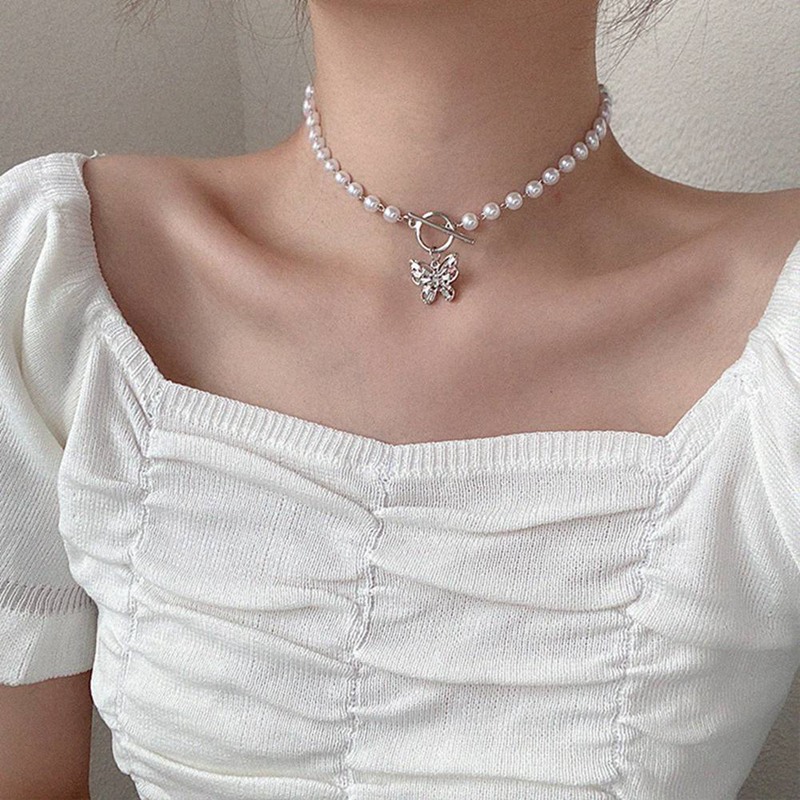 Vòng cổ mặt hình bướm đính ngọc trai xinh xắn thanh lịch cho nữ