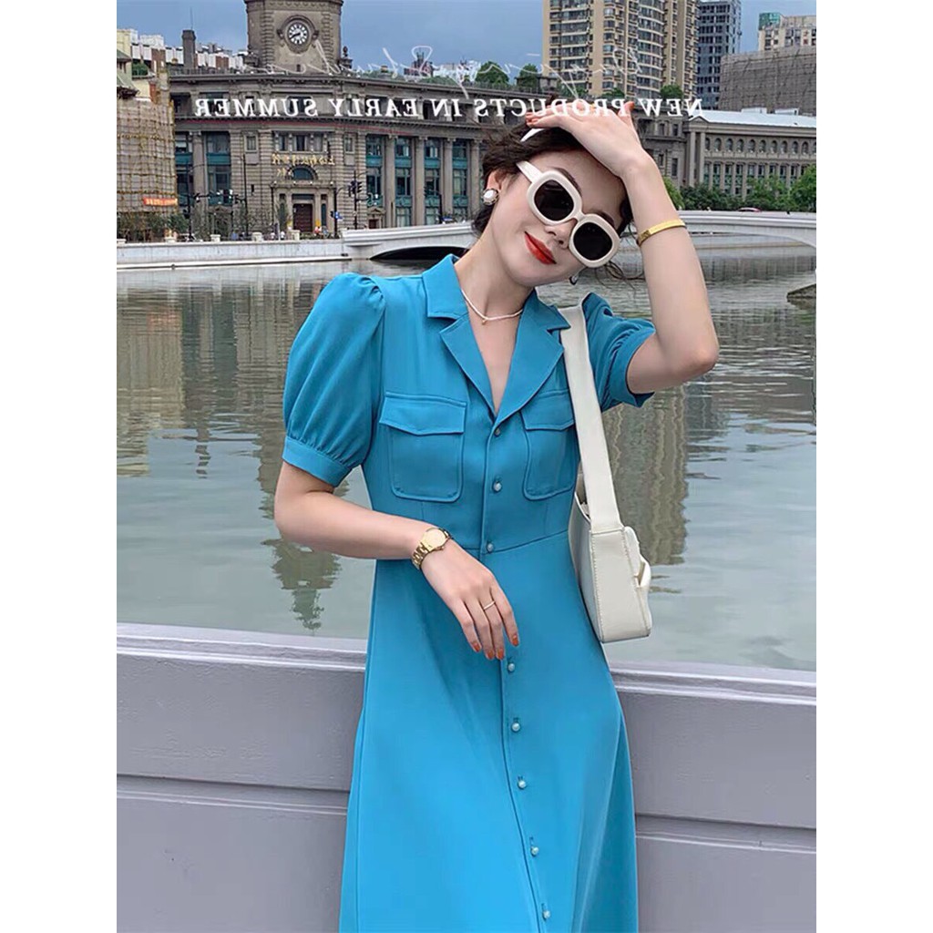 Đầm xanh tiểu thư dài tay thiết kế Pháp - Váy liền cổ vest cao cấp hàng Quảng Châu